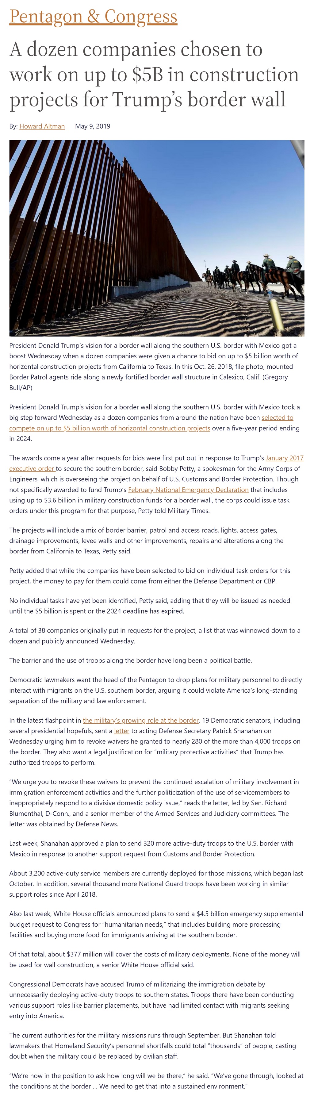 Article A dozen companies chosen to work on up to $5B in construction projects for Trump's border wall by Howard Altman, Military Times 5/9/2019