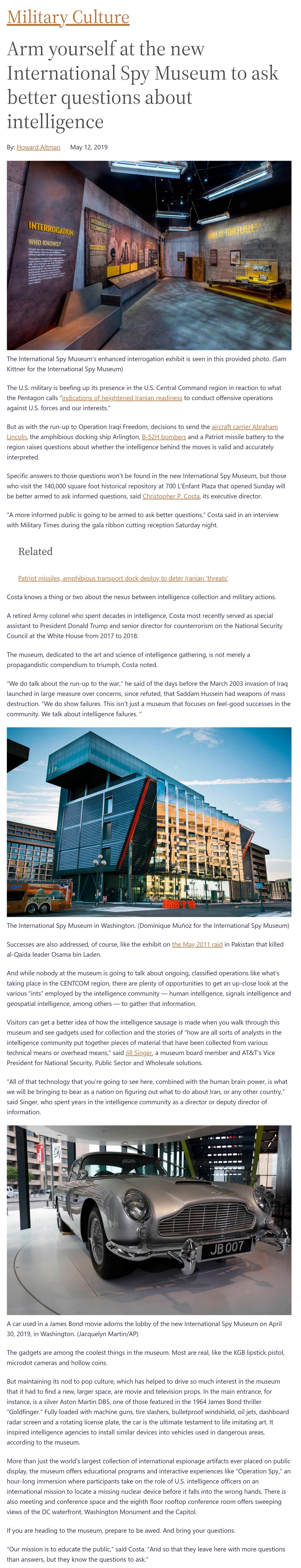 Arm yourself at the new International Spy Museum to ask better questions about intelligence by Howard Altman, Military Times 5/12/2019