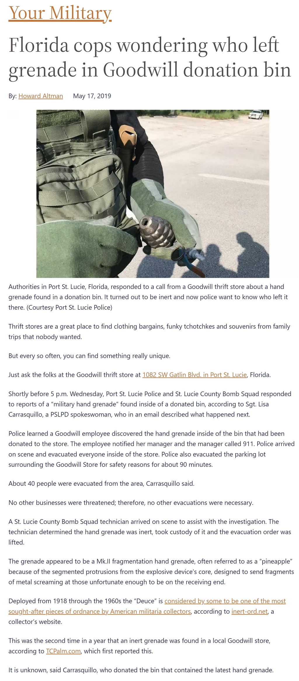 Article Florida cops wondering who left grenade in Goodwill donation bin by Howard Altman, Military Times 5/17/2019
