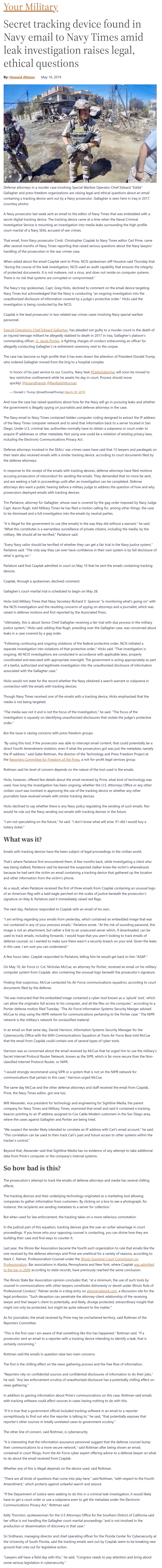 Article Secret tracking device found in Navy email to Navy Times amid lead investigation raises legal, ethical questions Secret tracking device found in Navy email to Navy Times amid lead investigation raises legal, ethical questions by Howard Altman, Military Times 5/16/2019