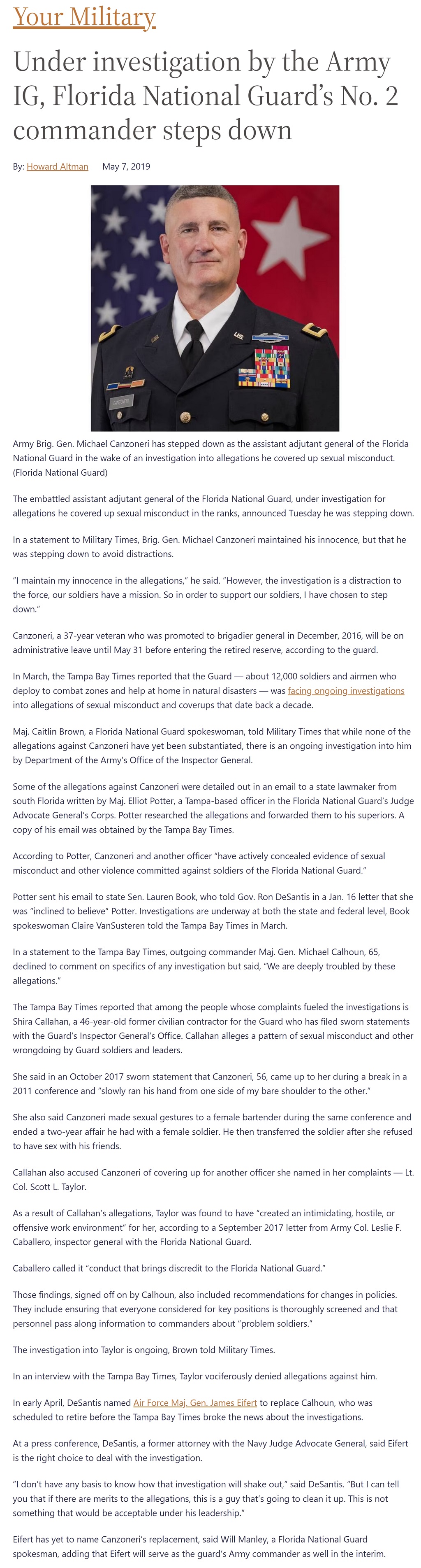 Under investigation by Army IG, Florida National Guard's No. 2 commander steps down by Howard Altman, Military Times 5/7/2019