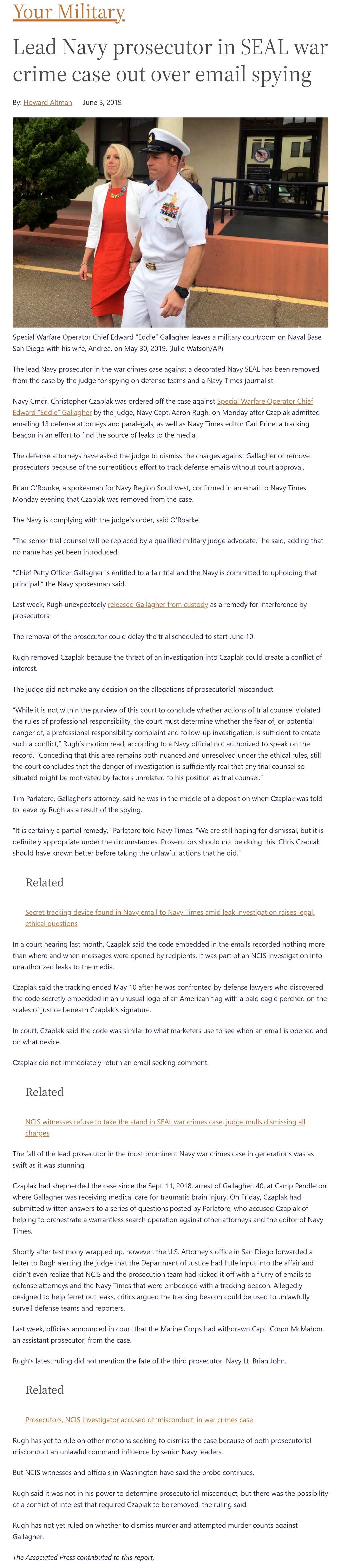 Lead Navy prosecuter in SEAL war crime case out over email spying by Howard Altman, Military Times 6/4/2019