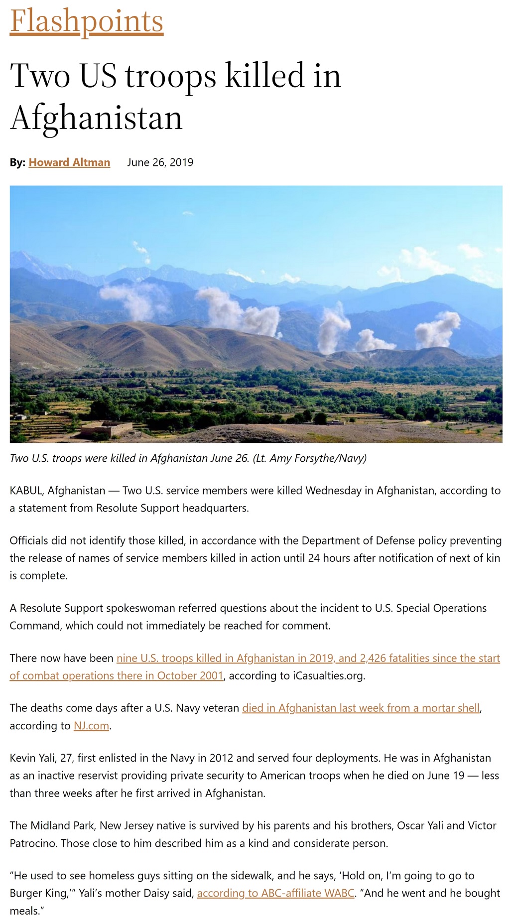 Two US troops killed in Afghanistan by Howard Altman, Military Times 6/26/2019