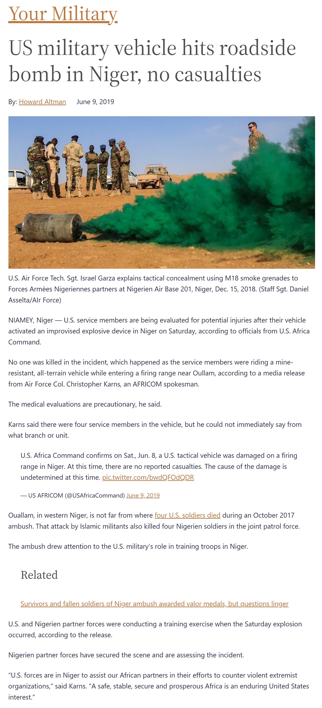 Article US military vehicle hits roadside bomb in Niger, no casualties by Howard Altman, Military Times 6/9/2019