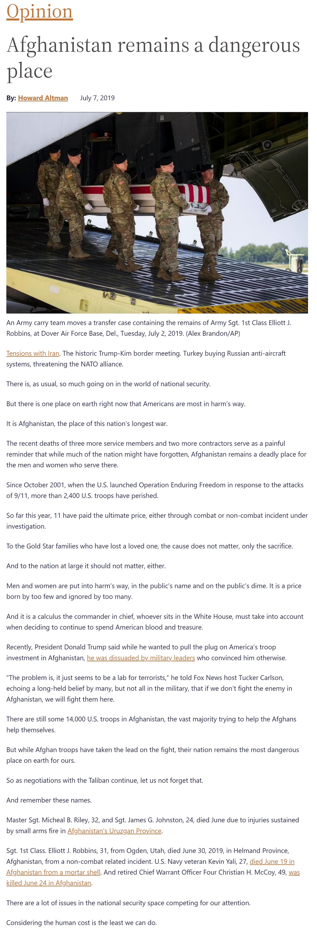 Article Afghanistan remains a dangerous place Afghanistan remains a dangerous place by Howard Altman, Military Times, 7/7 2019