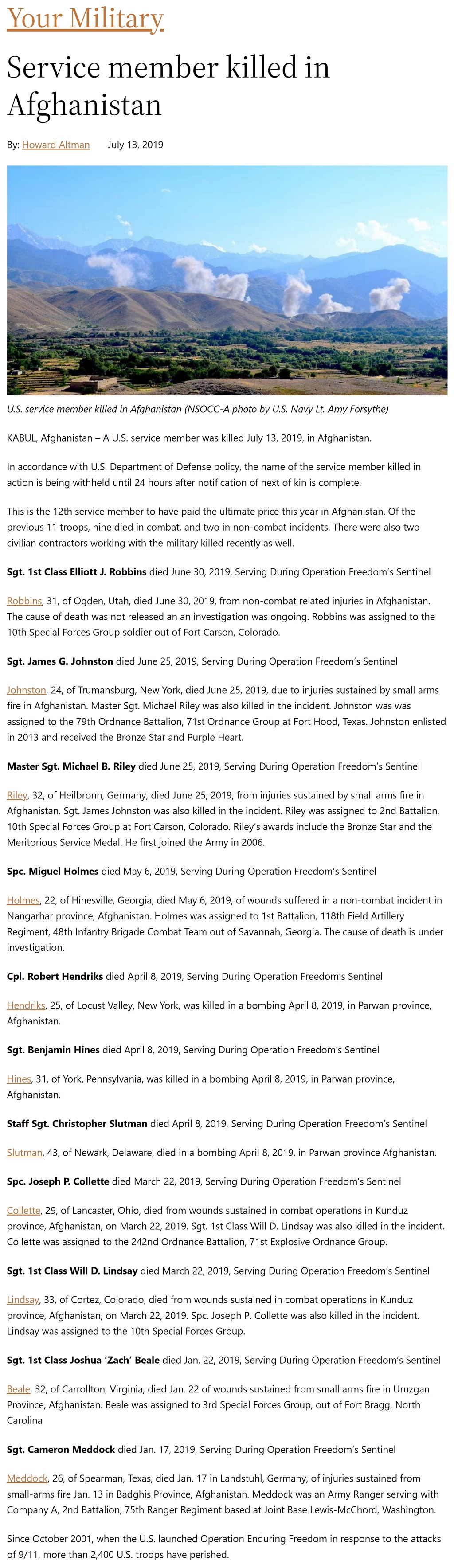 Article Service member killed in Afghanistan Service member killed in Afghanistan by Howard Altman, Military Times 7/13/2019