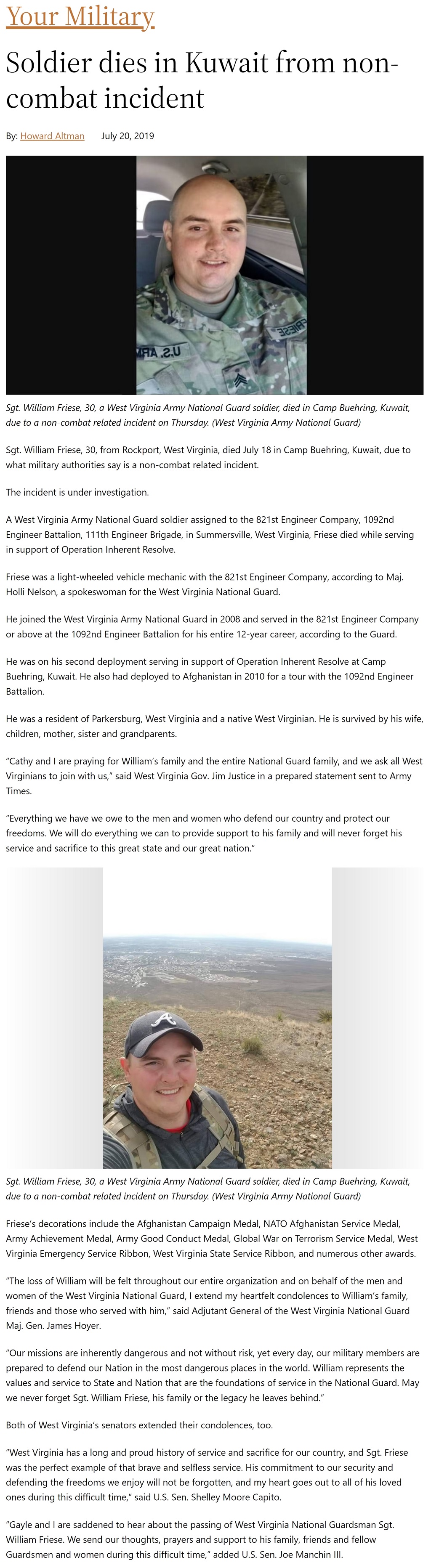 Article Soldier dies in Kuwait from non-combat incident Soldier dies in Kuwait from non-combat incident by Howard Altman, Military Times 7/20/2019