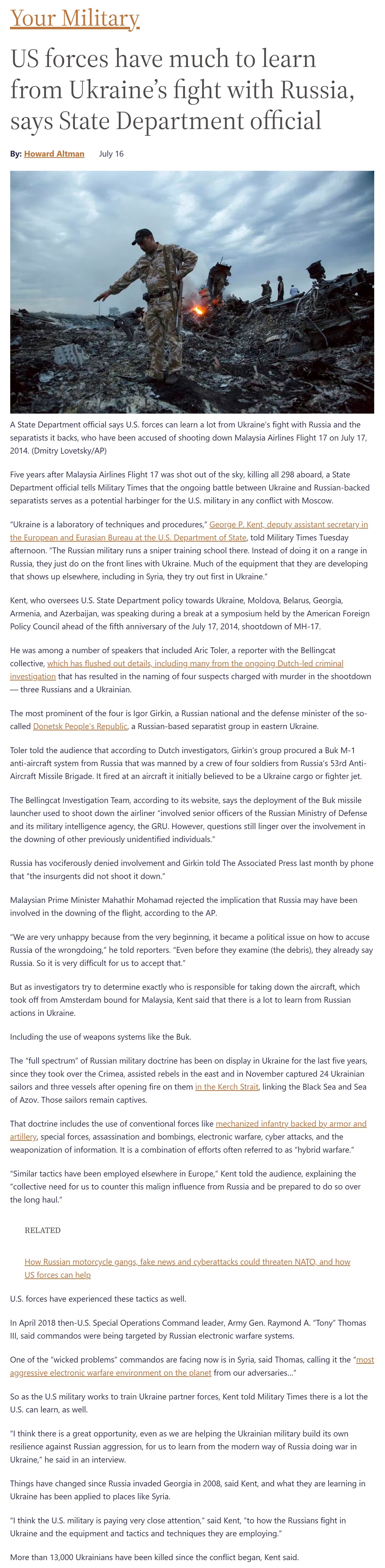 Article US forces have much to learn from Ukraine's fight with Russia, says State Department official US forces have much to learn from Ukraine's fight with Russia, says State Department official by Howard Altman, Military Times 7/16/2019