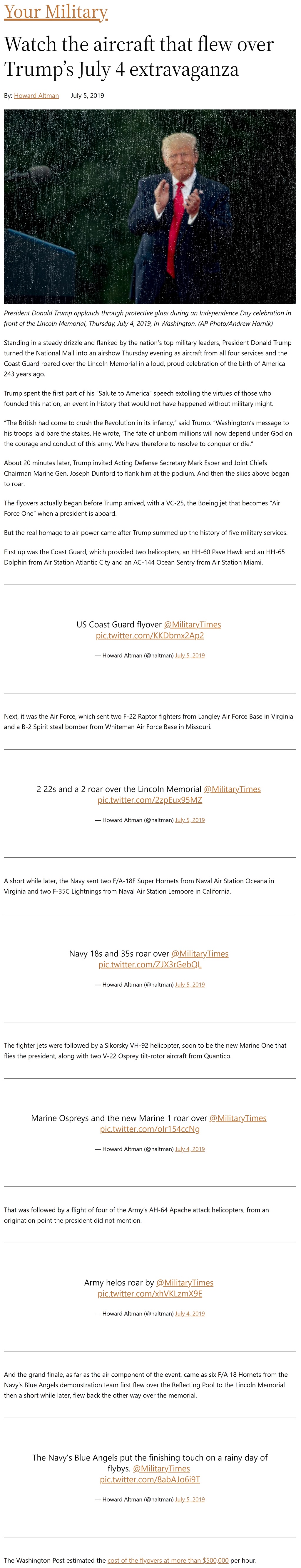 Article Watch the aircraft that flew over Trump's July 4 extravaganza by Howard Altman, Military Times 7/5/2019