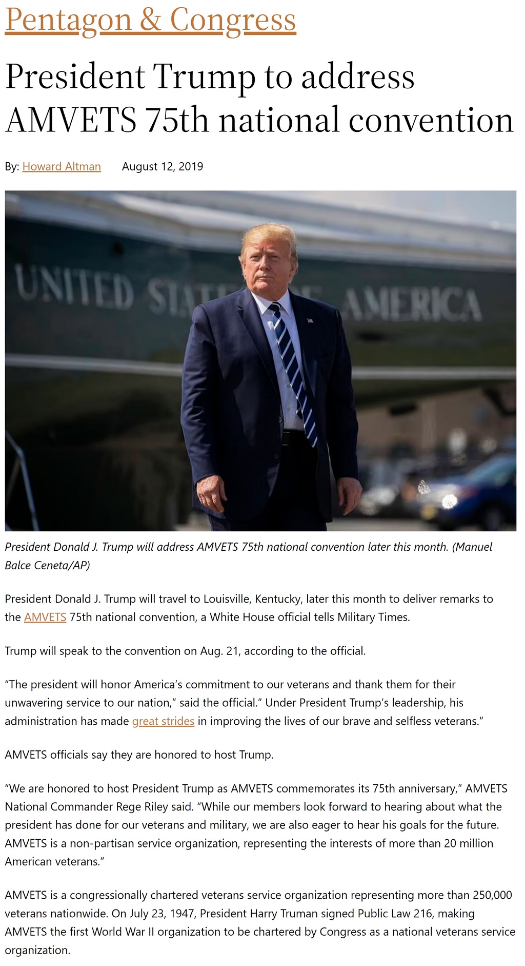 Article President Trump to address AMVETS 75th national convention President Trump to address AMVETS 75th national convention by Howard Altman, Military Times 8/12/2019