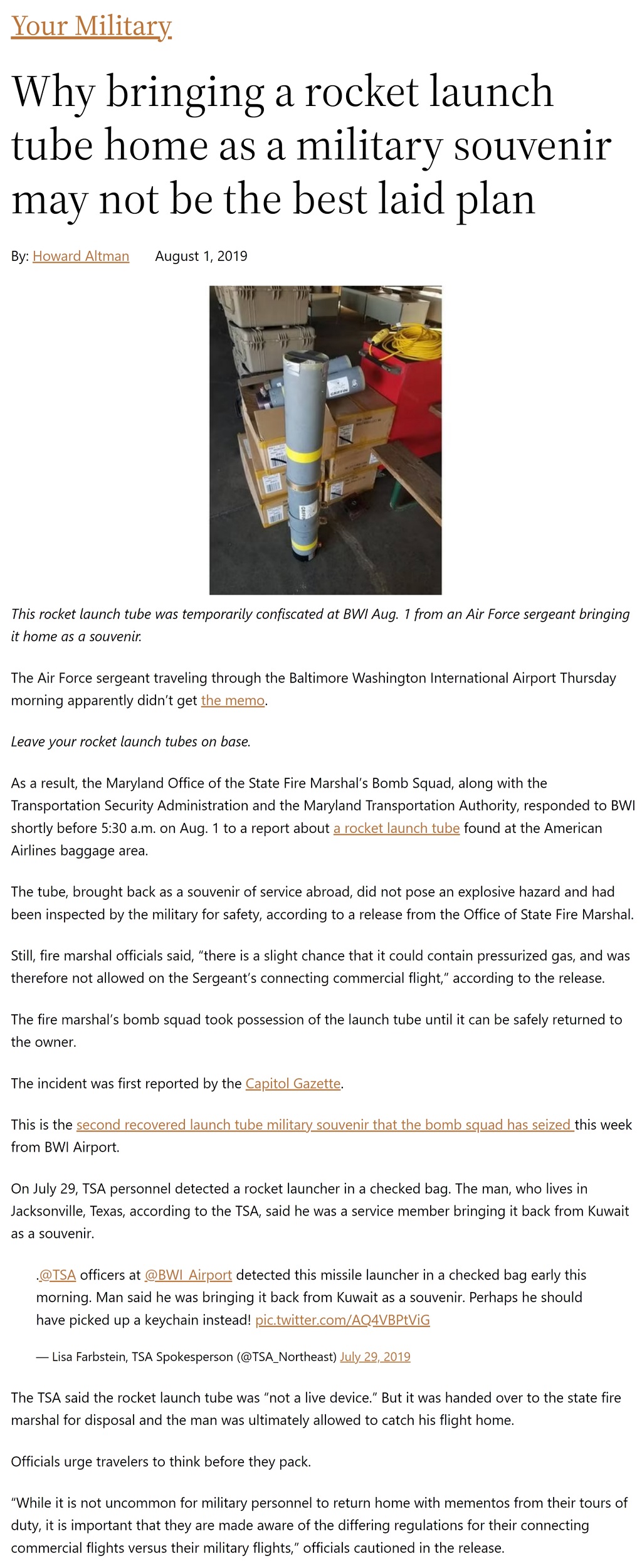 Article Why bringing a rocket launch tube home as a military souvenir may not be the best laid plan Why bringing a rocket launch tube home as a military souvenir may not be the best laid plan by Howard Altman, Military Times 8/1/2019
