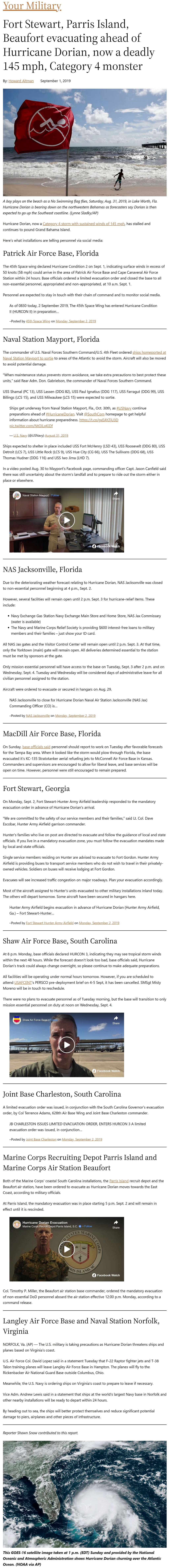 Article Fort Stewart, Parris Island, Beaufort evacuating ahead of Hurricane Dorian, now a deadly 145 mph, Category 4 monster Fort Stewart, Parris Island, Beaufort evacuating ahead of Hurricane Dorian, now a deadly 145 mph, Category 4 monster by Howard Altman, Military Times 9/1/2019