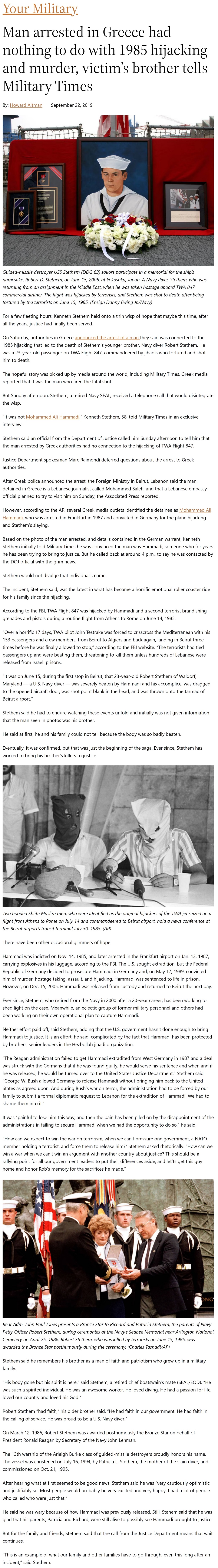 Article Man arrested in Greece had nothing to do with 1985 hijacking and murder, victim's brother tells Military Times Man arrested in Greece had nothing to do with 1985 hijacking and murder, victim's brother tells Military Times by Howard Altman 9/22/2019
