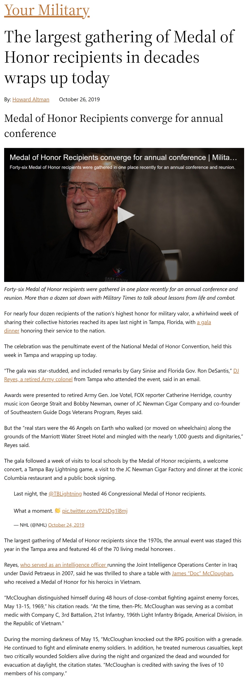 Article The largest gathering of Medal of Honor recipients in decades wraps up today The largest gathering of Medal of Honor recipients in decades wraps up today by Howard Altman, Military Times 10/26/2019