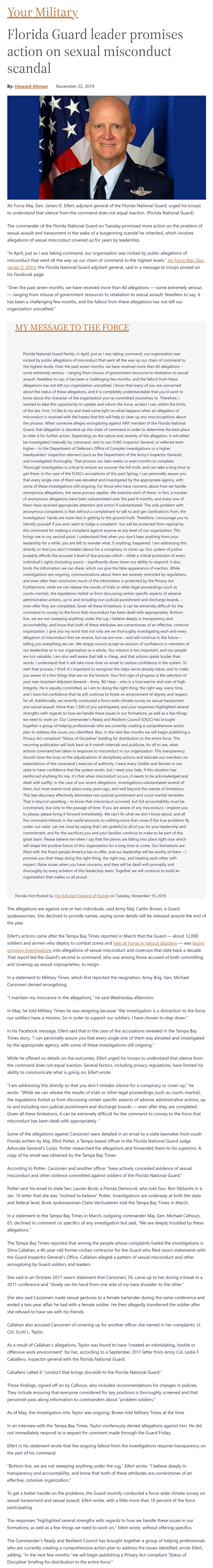 Article Florida Guard leader promises action on sexual misconduct scandal Florida Guard leader promises action on sexual misconduct scandal by Howard Altman, Military Times 11/22/2019