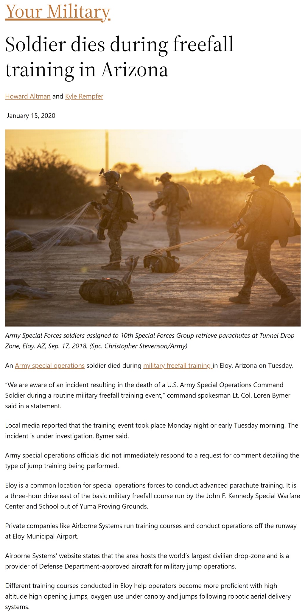 Soldier dies during freefall training in Arizona Howard Altman and Kyle Rempfer, Military Times 1/15/2020