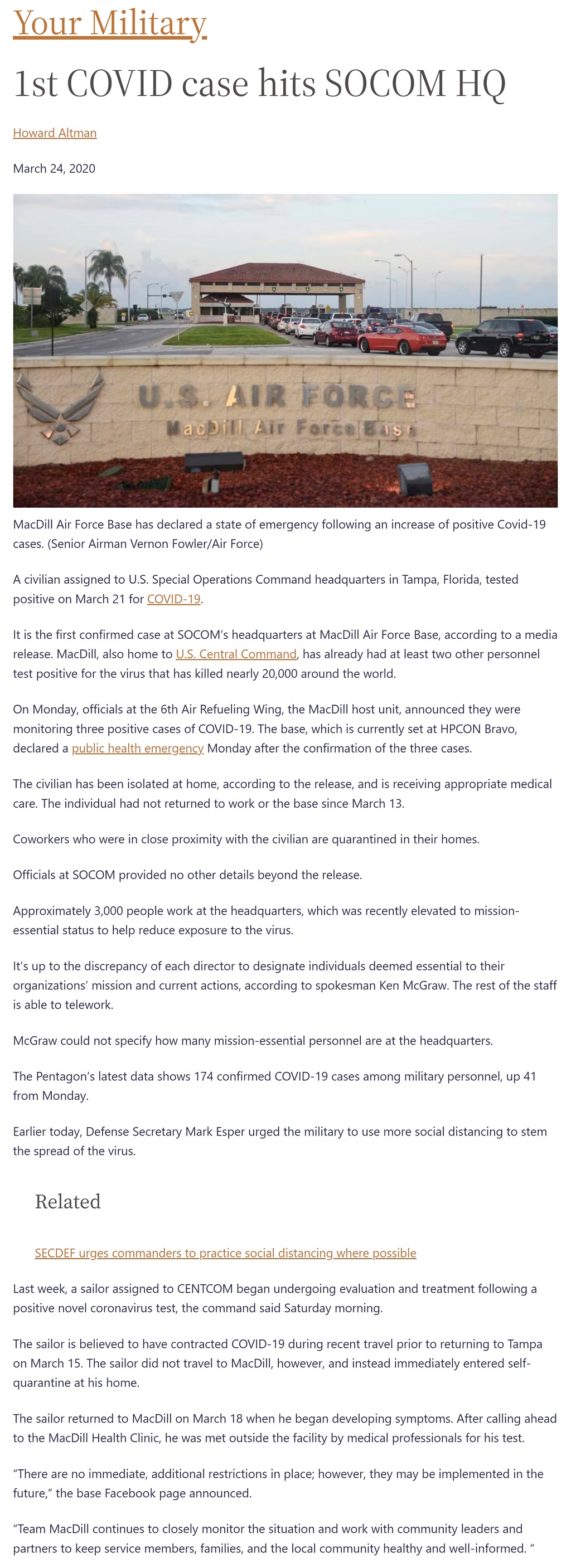 Article 1st COVID case hits SOCOM HQ 1st COVID case hits SOCOM HQ by Howard Altman, Military Times 3/24/2020