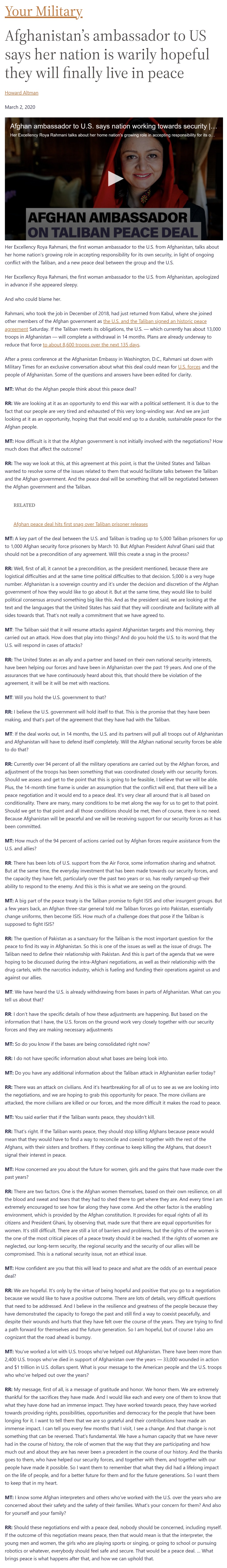 Afghanistan's ambassador to US says her nation is warily hopeful they will finally live in peace by Howard Altman, Military Times 3/2/2020