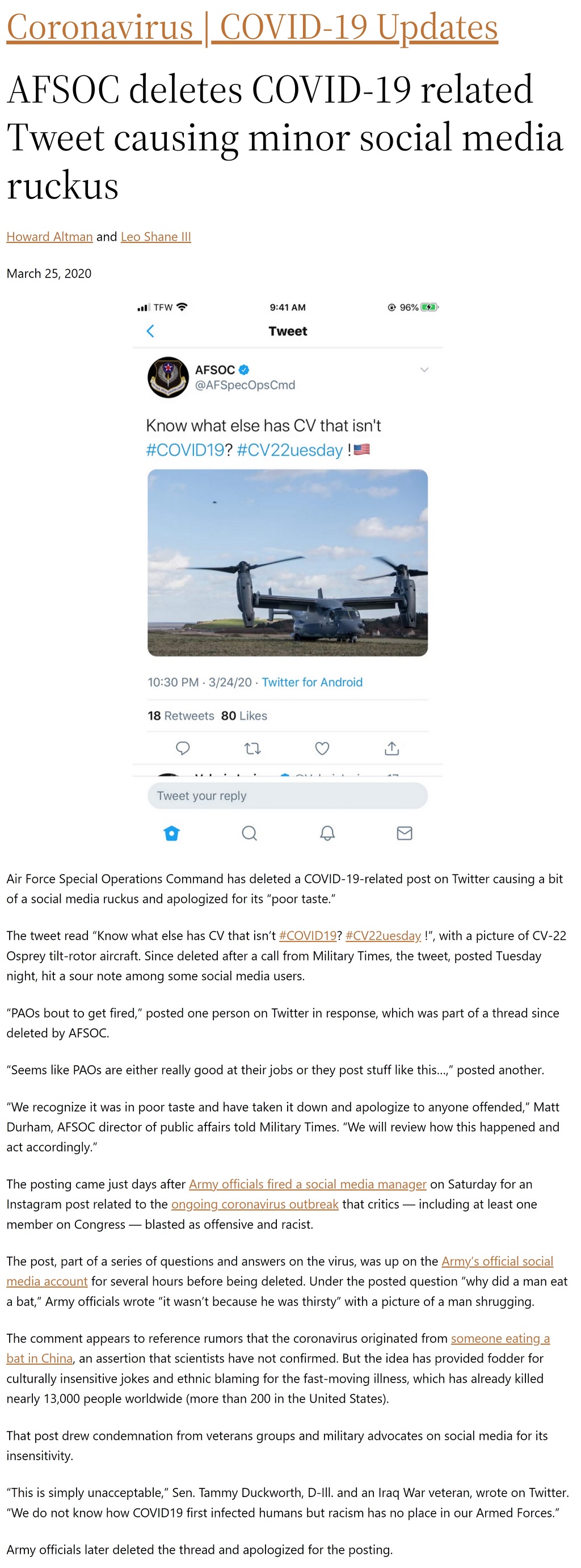 AFSOC deletes COVID-19 related Tweet causing minor social media ruckus by Howard Altman and Leo Shane III, Military Times 3/25/2020