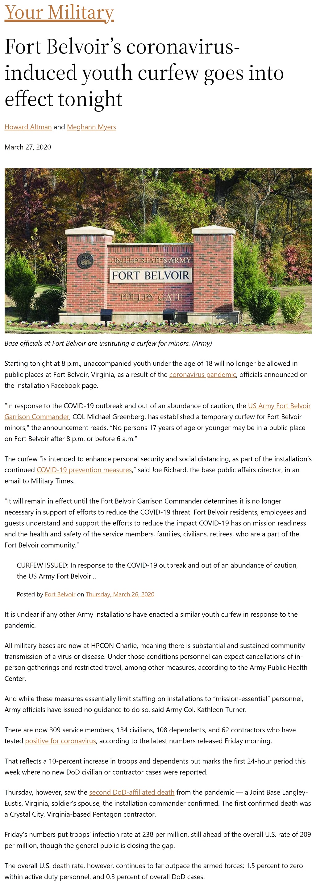 Article Fort Belvoir's coronovirus-induced youth curfew goes into effect tonight Fort Belvoir's coronovirus-induced youth curfew goes into effect tonight by Howard Altman and Meghann Myers, Military Times 3/27/2020