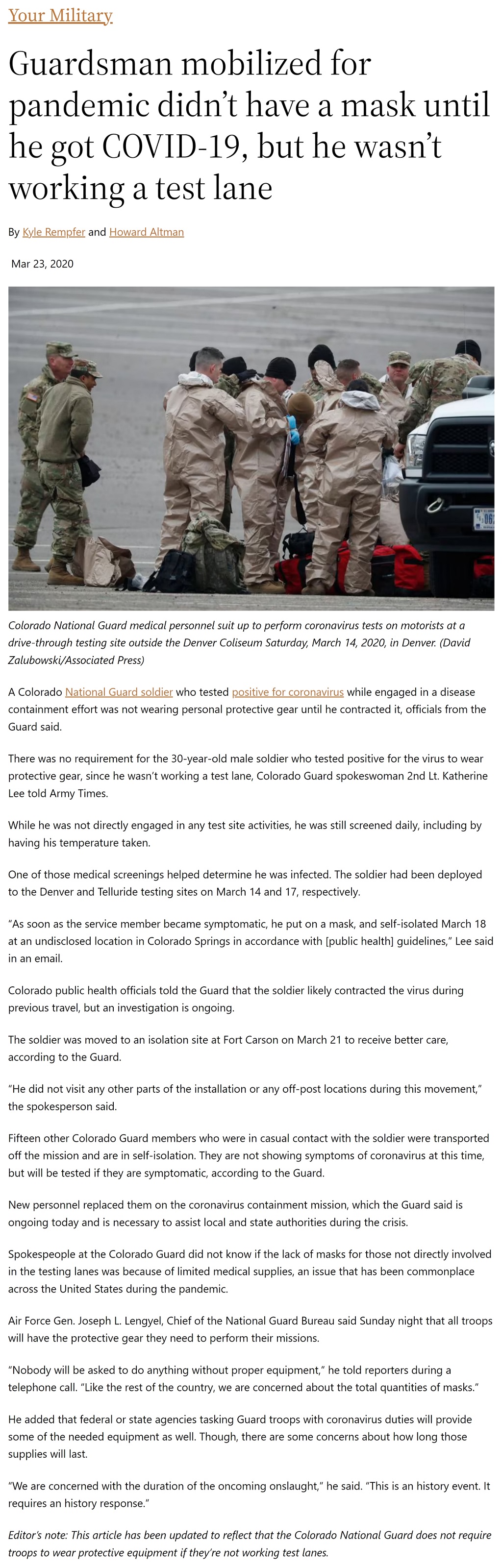 Guardsman mobilized for pandemic didn't have a mask until he got COVID-19, but he wasn't working a test lane by Kyle Rempfer and Howard Altman, Military Times 3/23/2020