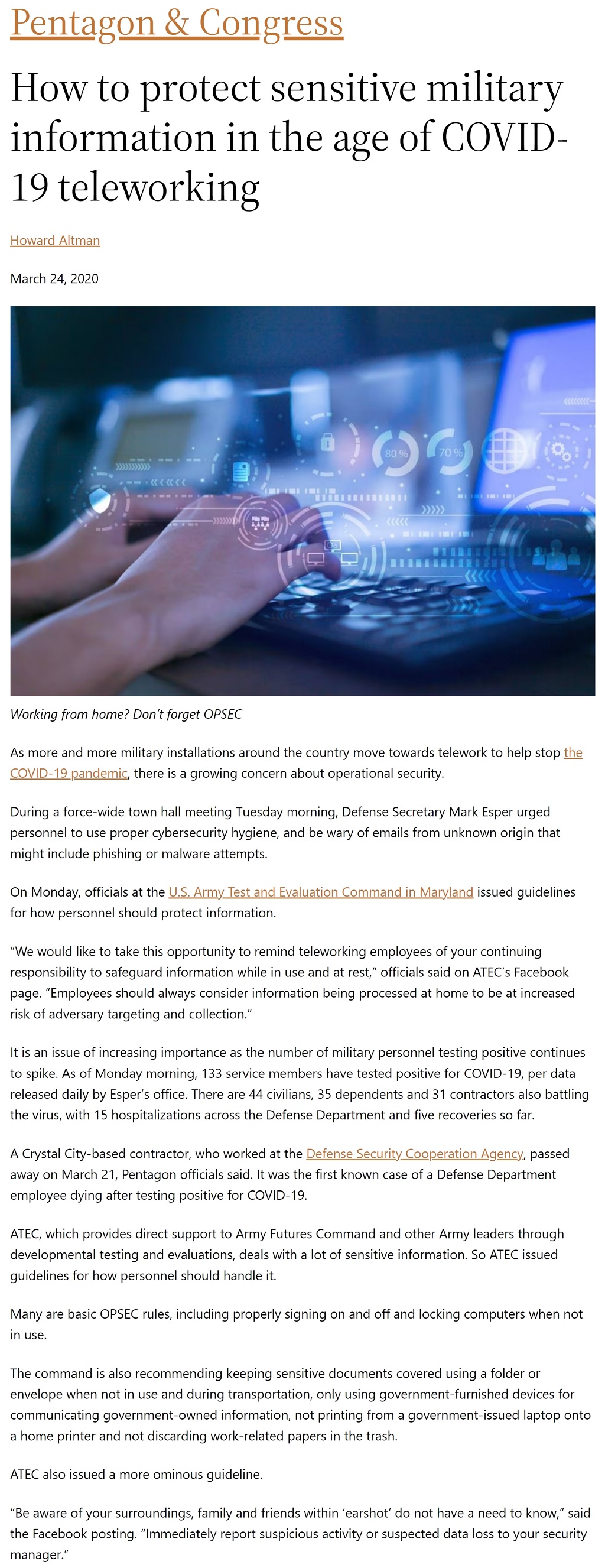 How to protect sensitive military information in the age of COVID-19 teleworking by Howard Altman, Military Times 3/24/2020