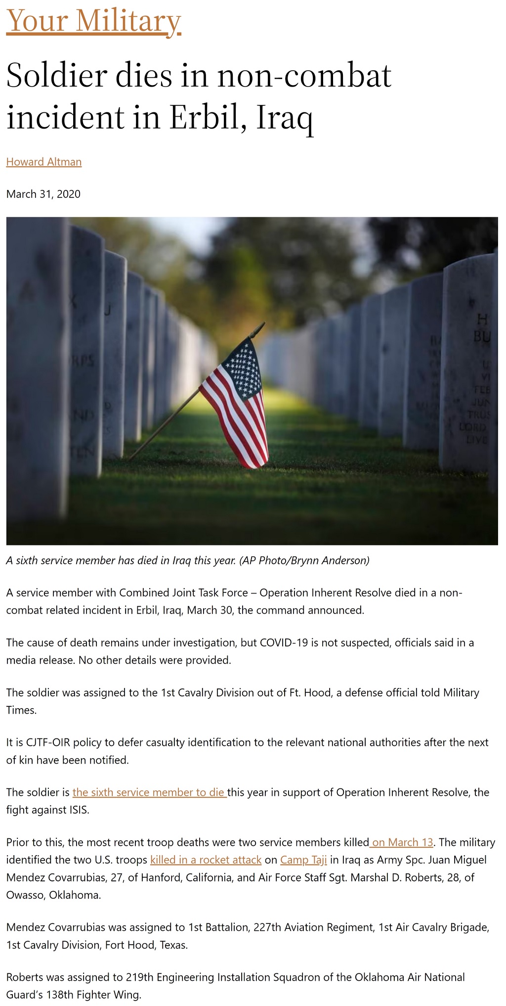 Article Soldier dies in non-combat incident in Erbil, Iraq Soldier dies in non-combat incident in Erbil, Iraq by Howard Altman, Military Times 3/31/2020