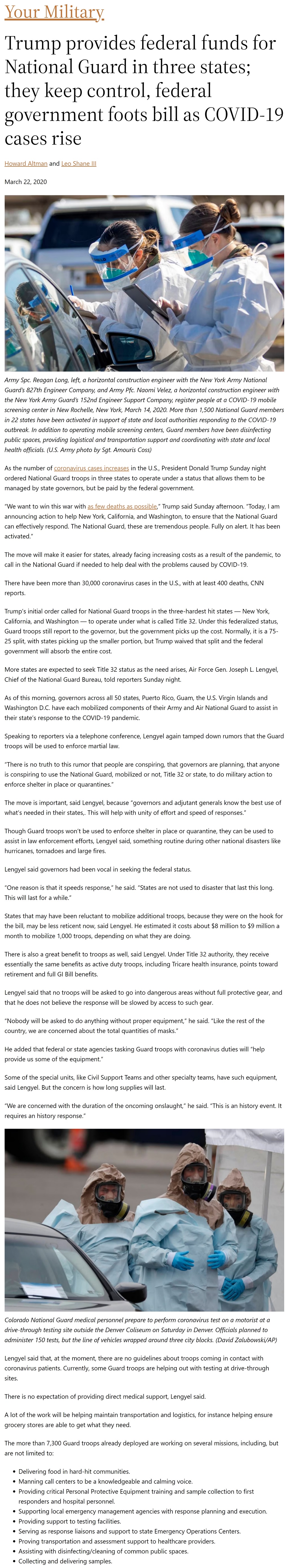 Article Trump provides federal funds for National Guard in three states; they keep control, federal government foots bill as COVID-19 cases rise Trump provides federal funds for National Guard in three states; they keep control, federal government foots bill as COVID-19 cases rise by Howard Altman and Leo Shane III, Military Times 3/22/2019