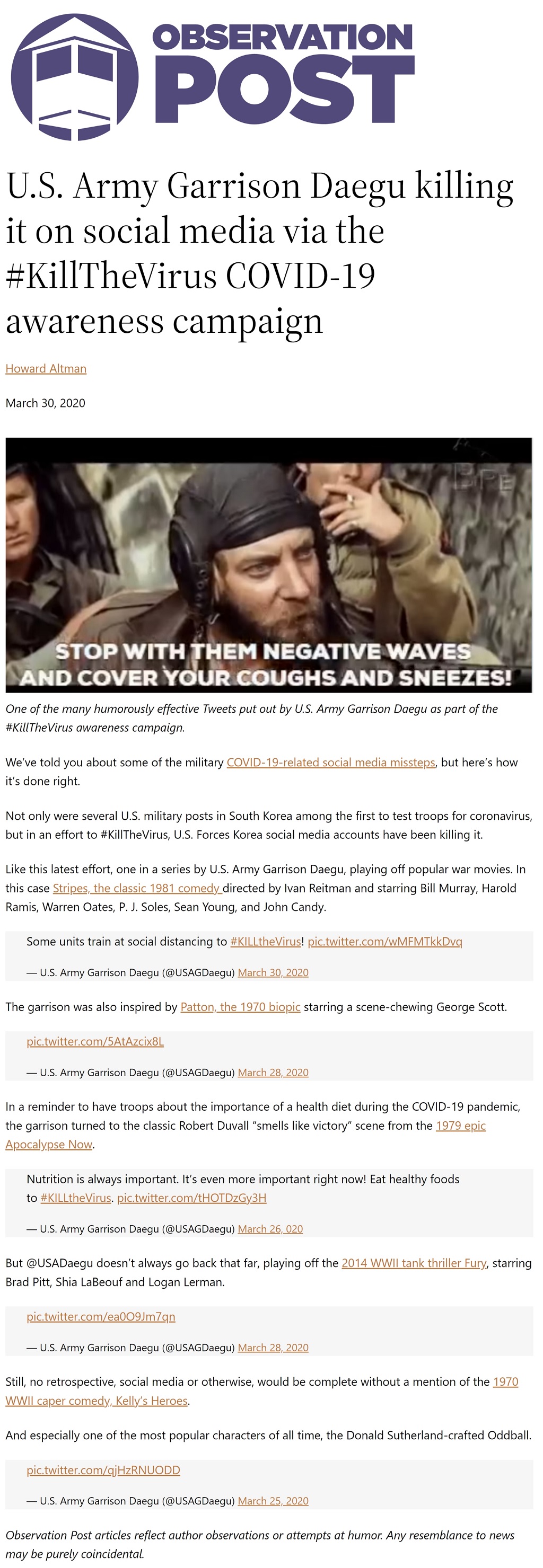 Article U.S. Army Garrison Daegu killing it on social media via the #KillTheVirus COVID-19 awareness campaign U.S. Army Garrison Daegu killing it on social media via the #KillTheVirus COVID-19 awareness campaign by Howard Altman, Military Times 3/30/2020