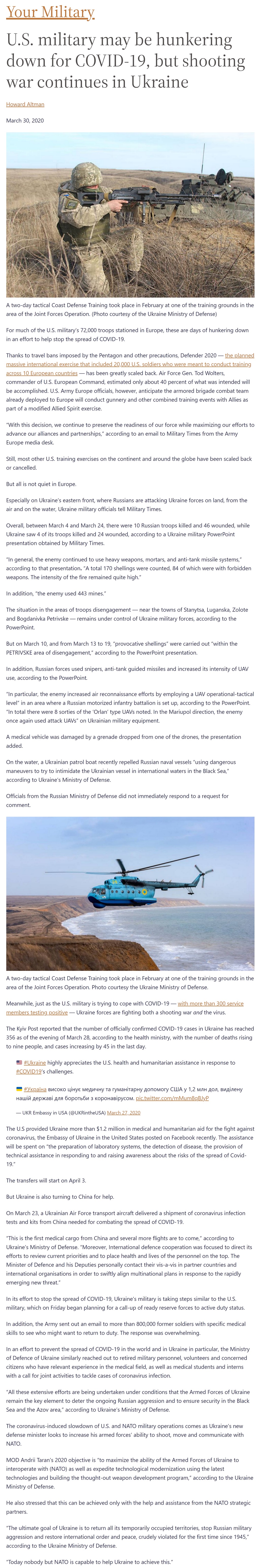 Article U.S. military may be hunkering down for COVID-19 but shooting war continues in Ukraine U.S. military may be hunkering down for COVID-19 but shooting war continues in Ukraine by Howard Altman, Military Times, 3/30/2020