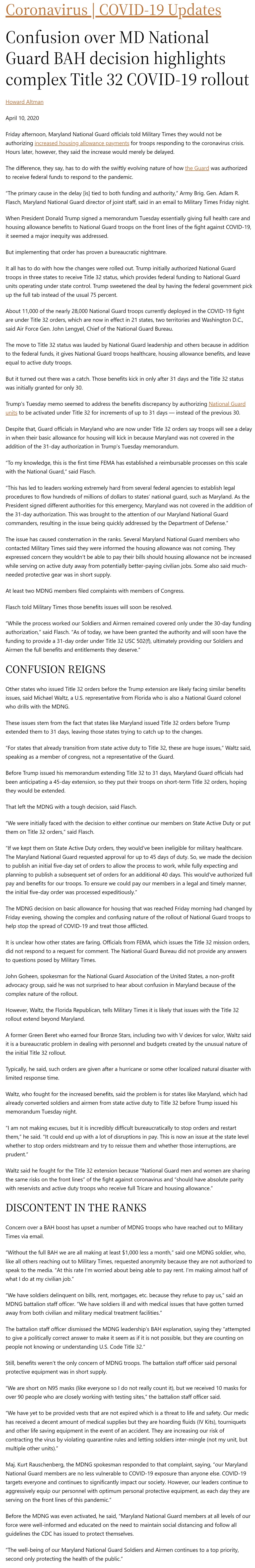 Article Confusion over MD National Guard BAH decision highlights complex Title 32 COVID-19 rollout by Howard Altman, Military Times 4/10/2020