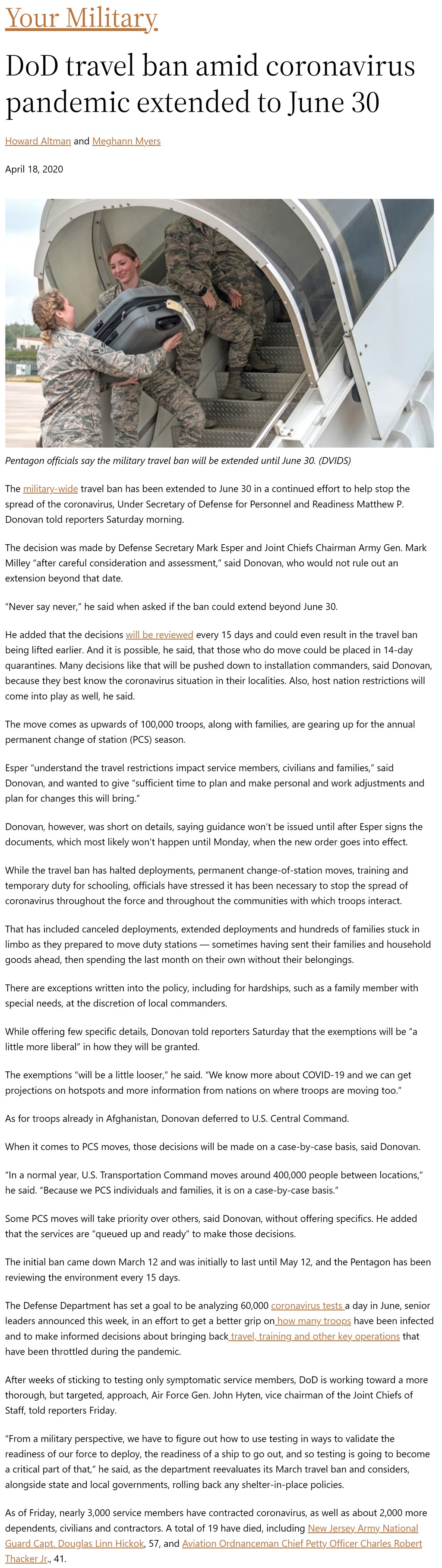 Article DoD travel ban amid coronavirus pandemic extended to June 30 DoD travel ban amid coronavirus pandemic extended to June 30 by Howard Altman and Meghann Myers, Military Times 4/18/2020