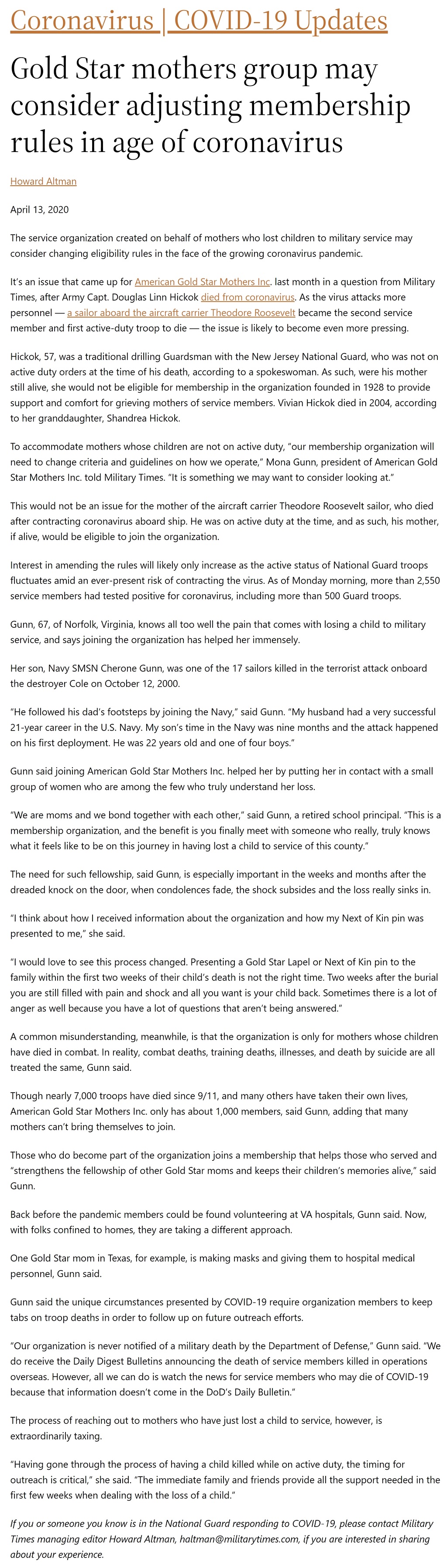 Gold Star mothers group may consider adjusting membership rules in age of coronavirus by Howard Altman, Military Times 4/13/2020