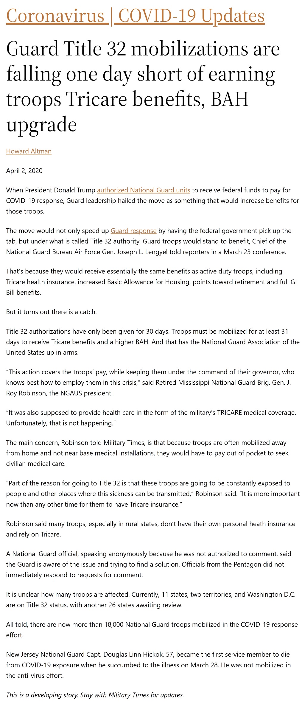 Guard Title 32 mobilizations are falling one day short of earning troops Tricare benefits, BAH upgrade by Howard Altman, Military Times 4/2/2020