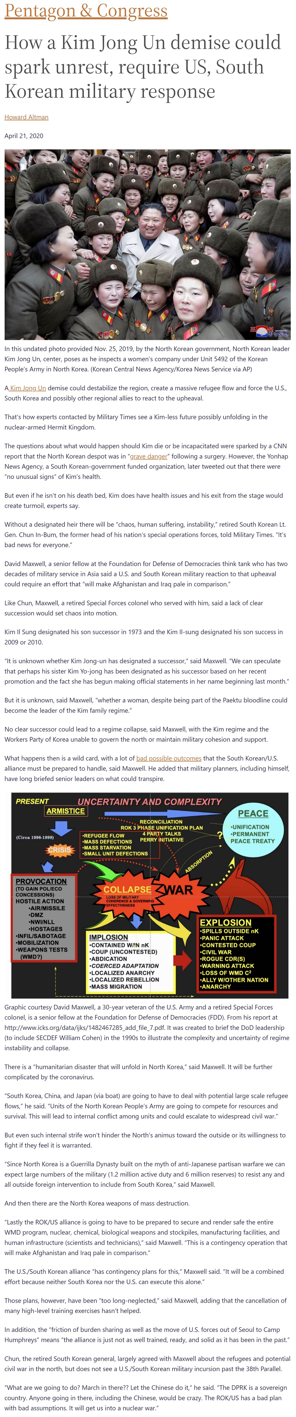 How a Kim Jong Un demise could spark unrest, require US, South Korean military response by Howard Altman, Military Times 4/21/2020