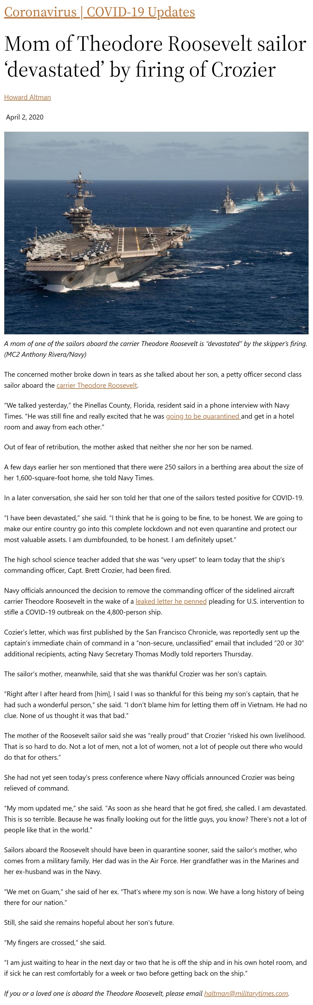 Article Mom of Theodore Roosevelt sailor 'devasted' by firing of Crozier Mom of Theodore Roosevelt sailor 'devasted' by firing of Crozier by Howard Altman, Military Times 4/2/2020