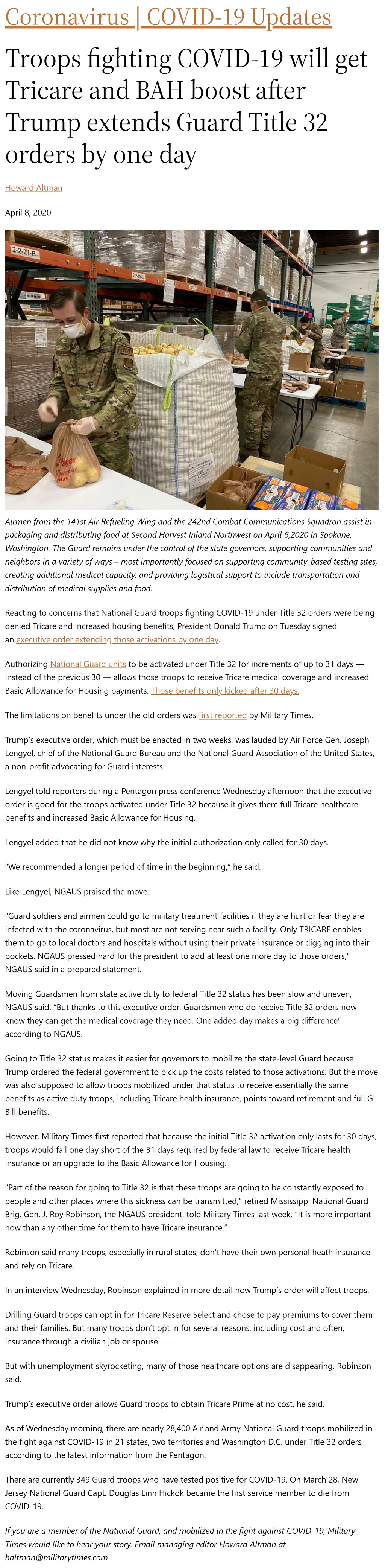 Article Troops fighting COVID-19 will get Tricare and BAH boost after Trump extends Guard Title 32 orders by one day Troops fighting COVID-19 will get Tricare and BAH boost after Trump extends Guard Title 32 orders by one day by Howard Altman, Military Times 4/8/2020