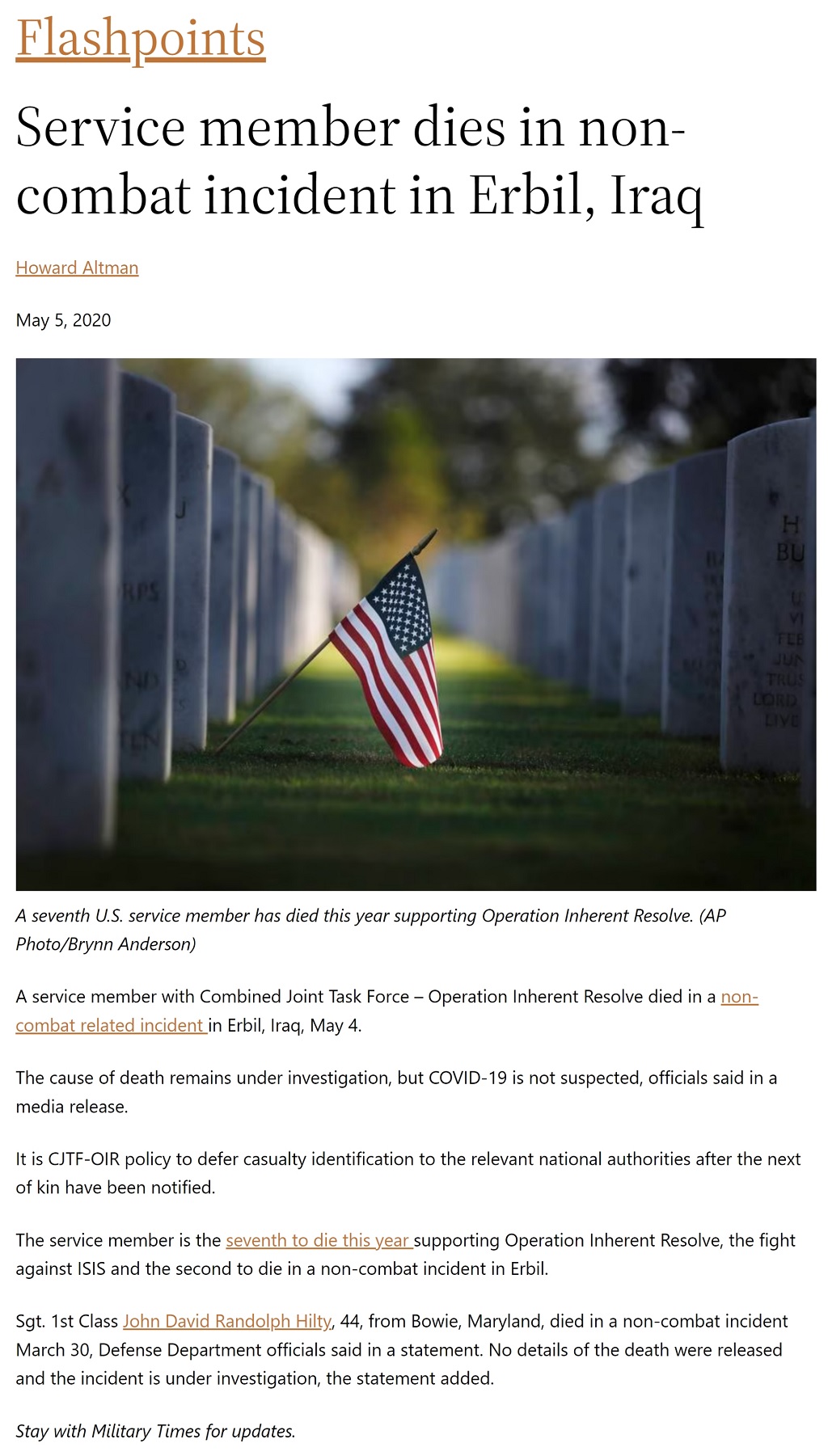 Service member dies in non-combat incident in Erbil, Iraq by Howard Altman, Military Times 5/5/2020