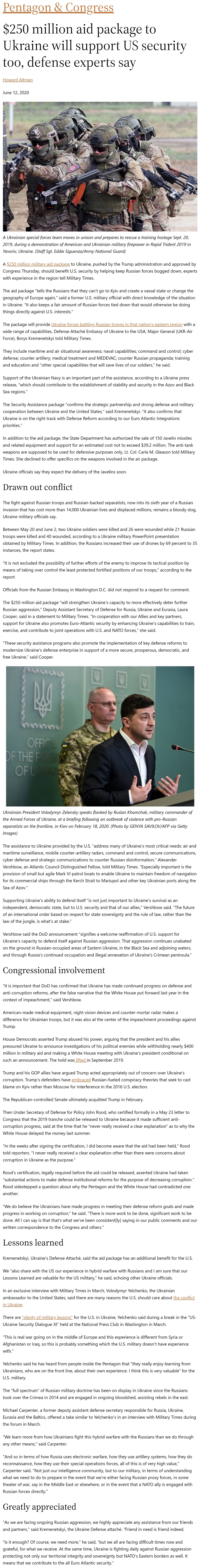 $250 million aid package to Ukraine will support US security too, defense experts say by Howard Altman, Military Times 6/12/2020