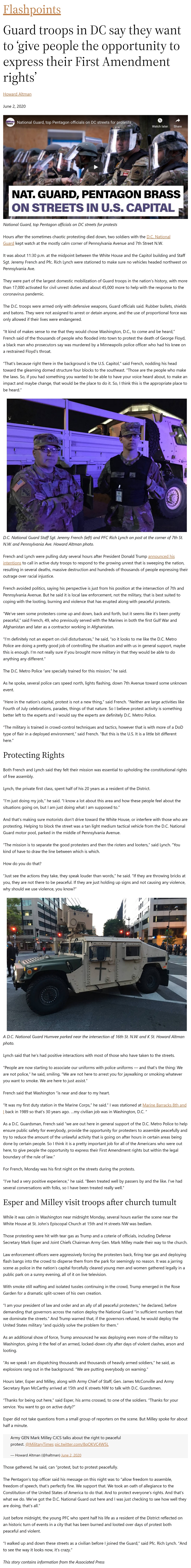 Article Guard troops in DC say they want to ‘give people the opportunity to express their First Amendment rights’ Guard troops in DC say they want to ‘give people the opportunity to express their First Amendment rights’ by Howard Altman, Military Times 6/2/2020