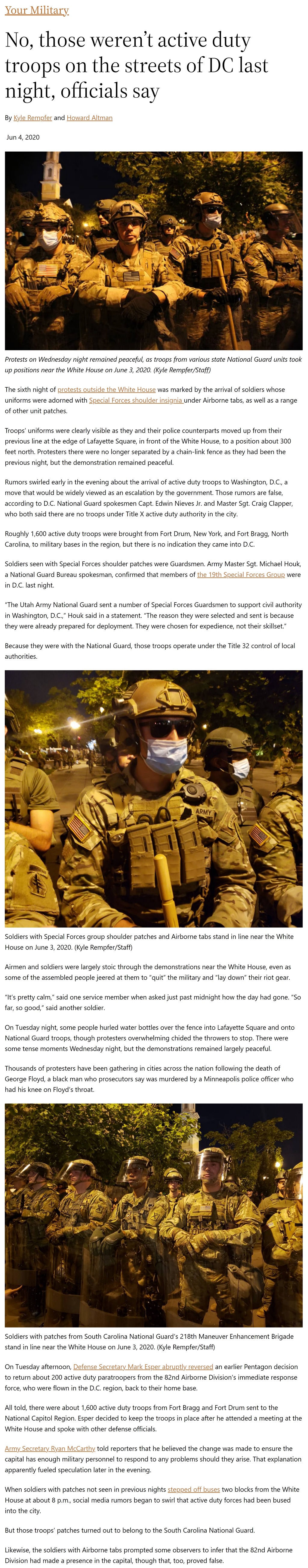 Article No, those weren’t active duty troops on the streets of DC last night, officials say No, those weren’t active duty troops on the streets of DC last night, officials say by Kyle Rempfer and Howard Altman, Military Times 6/4/2020