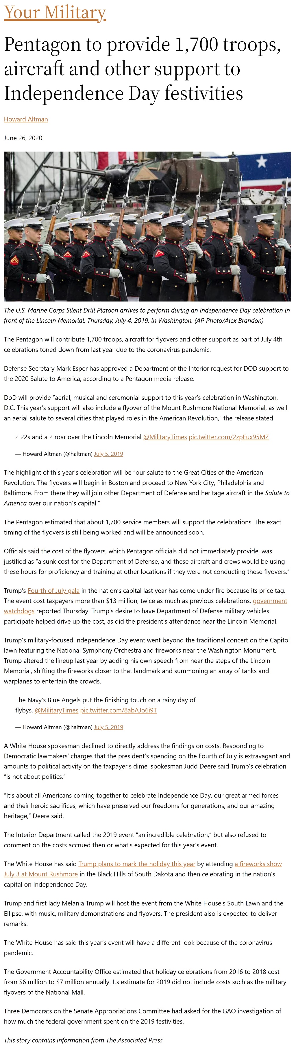 Article Pentagon to provide 1,700 troops, aircraft and other support to Independence Day festivities Pentagon to provide 1,700 troops, aircraft and other support to Independence Day festivities by Howard Altman, Military Times 6/26/2020