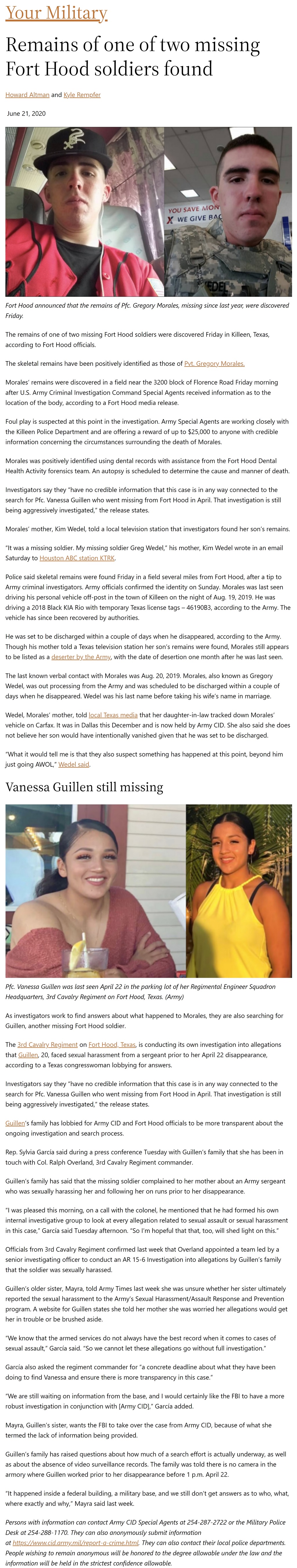 Article Remains of one of two missing Fort Hood soldiers found Remains of one of two missing Fort Hood soldiers found by Howard Altman and Kyle Rempfer, Military Times 6/21/2020