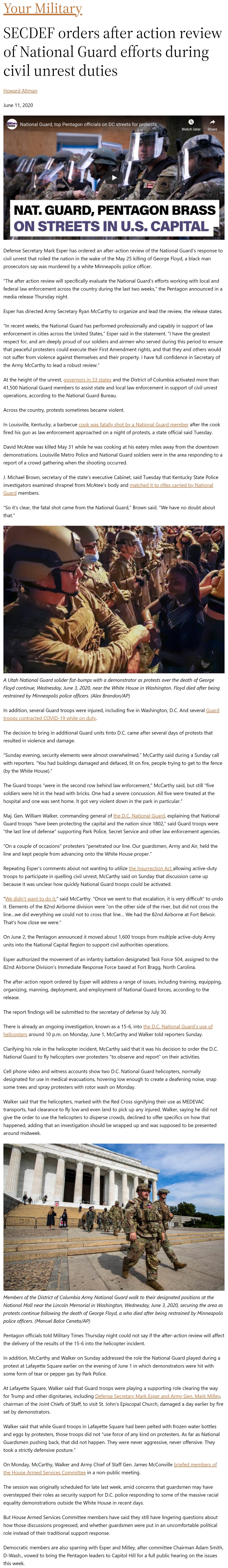 SECDEF orders after action review of National Guard efforts during civil unrest duties by Howard Altman, Military Times 6/11/2020