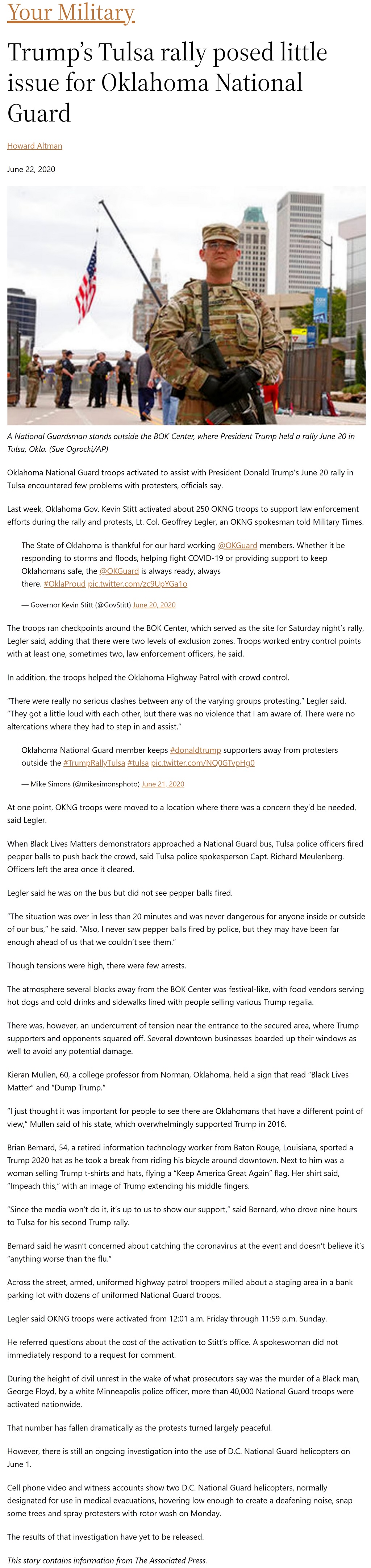 Article Trump’s Tulsa rally posed little issue for Oklahoma National Guard Trump’s Tulsa rally posed little issue for Oklahoma National Guard by Howard Altman, Military Times 6/22/2020