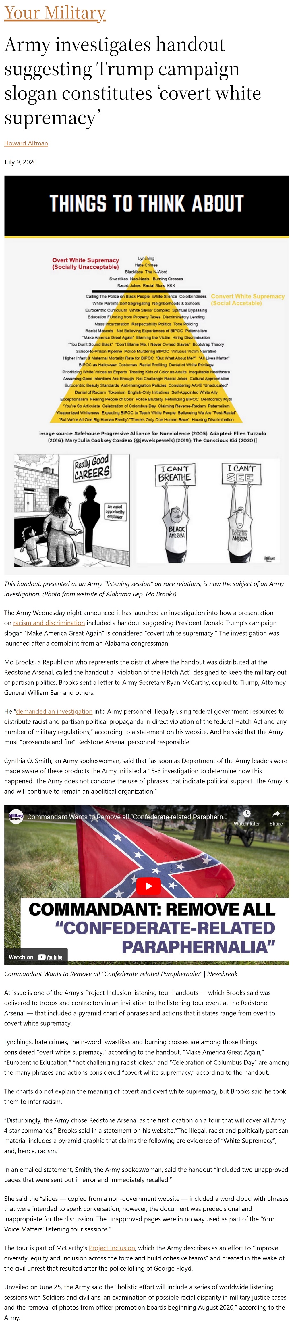Article Army investigates handout suggesting Trump campaign slogan constitutes ‘covert white supremacy' Army investigates handout suggesting Trump campaign slogan constitutes ‘covert white supremacy' by Howard Altman, Military Times 7/9/2020