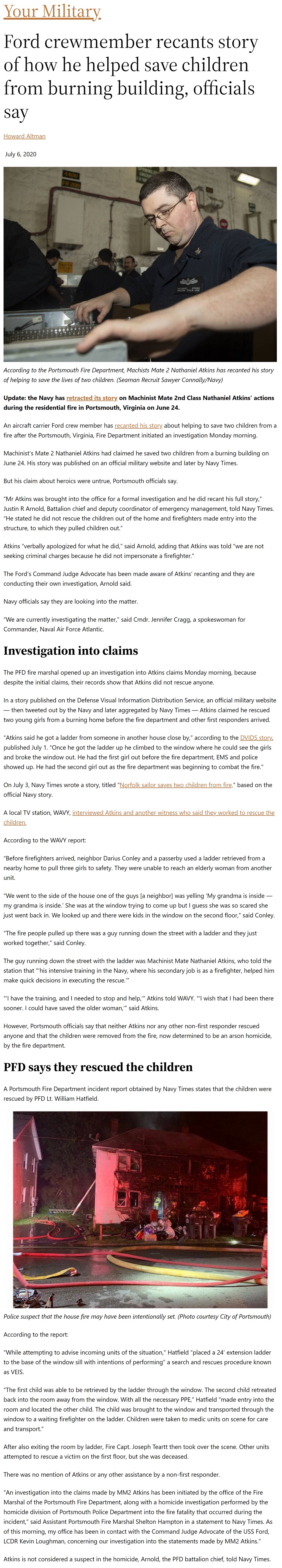 Article Ford crewmember recants story of how he helped save children from burning building, officials say Ford crewmember recants story of how he helped save children from burning building, officials say by Howard Altman, Military Times 7/6/2020