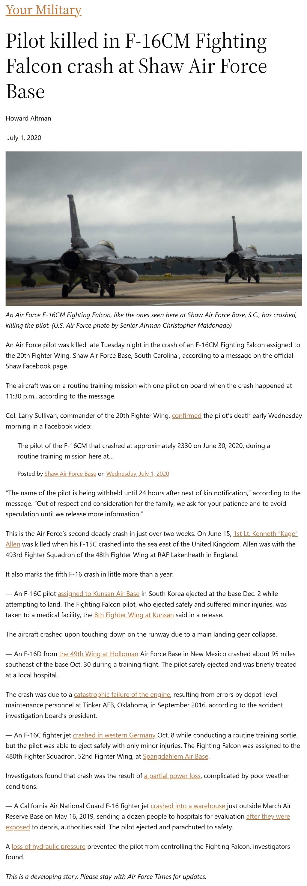 Article Pilot killed in F-16CM Fighting Falcon crash at Shaw Air Force Base