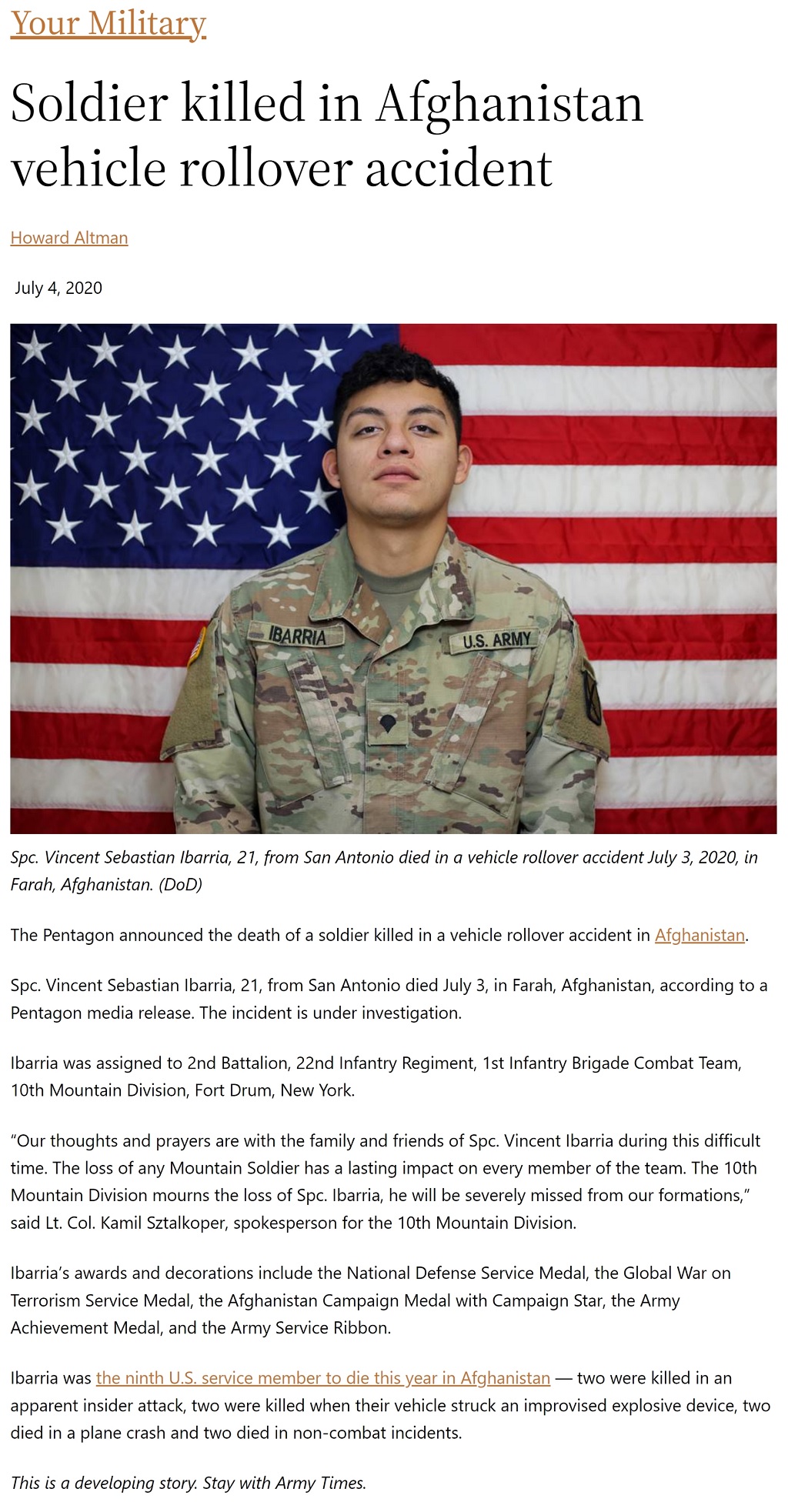 Soldier killed in Afghanistan vehicle rollover accident by Howard Altman, Military Times 7/4/2020