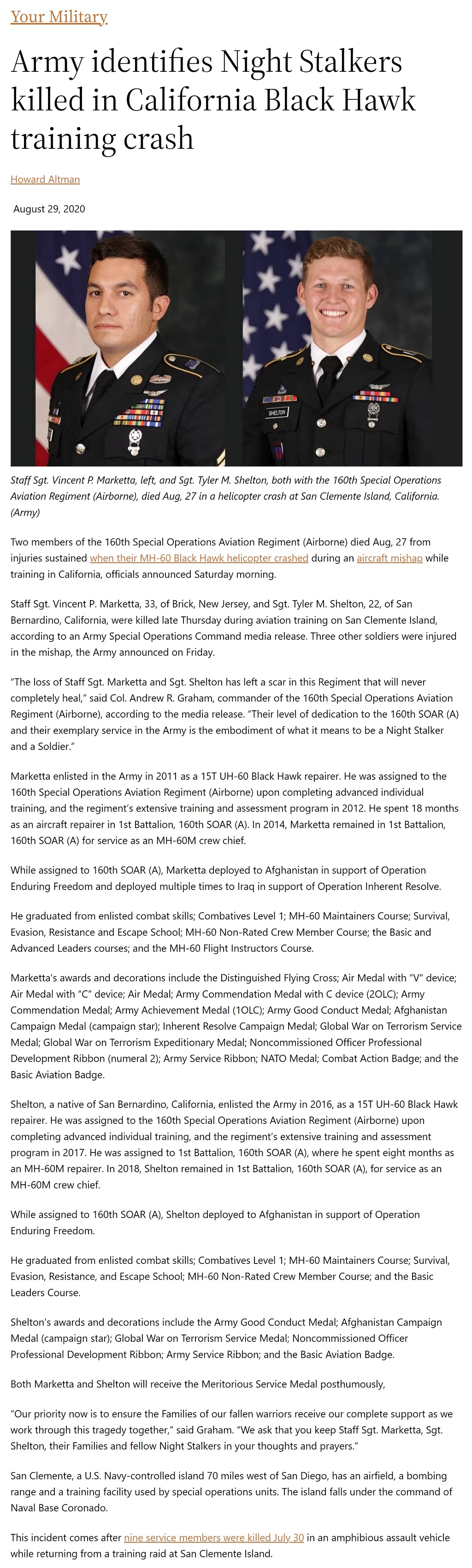 Article Army identifies Night Stalkers killed in California Black Hawk training crash Army identifies Night Stalkers killed in California Black Hawk training crash by Howard Altman, Military Times 8/29/2020